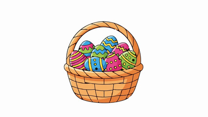 A woven basket overflowing with vibrantly decorated Easter eggs