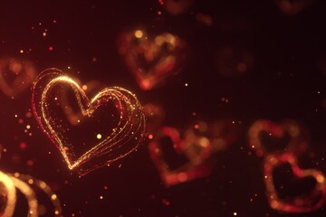 Glowing golden heart light trails with sparkling particles on dark red background