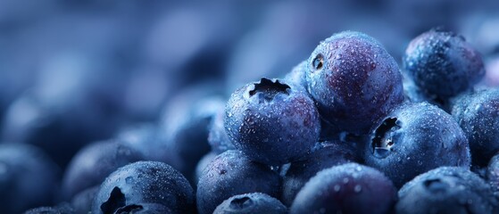 Fresh blueberries with water droplets in macro view showing natural texture and rich blue color