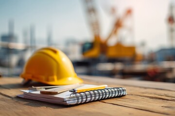 Yellow construction helmet with notebook and pencil on wooden table at building site