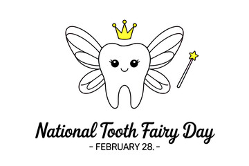 Cute National Tooth Fairy Day February 28 smiling magical tooth with wings crown and wand simple kids dental illustration