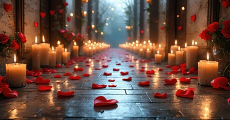 Romantic corridor filled with candles, rose petals. Dim lighting creates intimate atmosphere. Hearts adorn stone walls.
