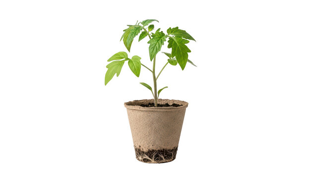Young tomato plant seedling in a paper pot isolated on transparent background PNG (पेपर पॉट में टमाटर का पौधा)