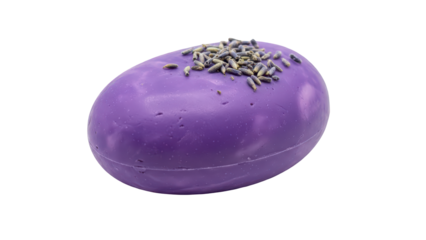 Handmade purple lavender soap bar with dried herbs isolated on transparent background PNG (लैवेंडर के साथ हस्तनिर्मित बैंगनी साबुन)