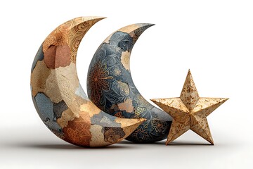 Elegant crescent moon and star decorative objects with intricate patterns