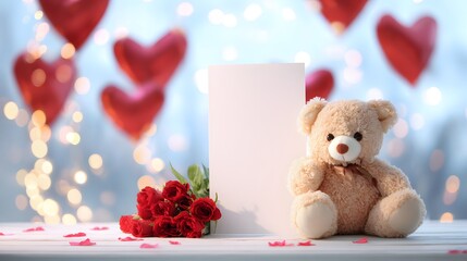 Blank card and bokeh lights, Romantic setup with teddy bear, red roses, and heart balloons. Mock up for Valentine's Day, love gifts, and celebration themes.