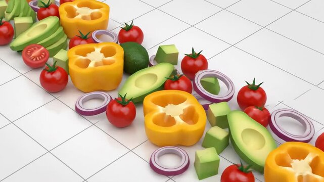 A continuous isometric flow of stylized salad ingredients including cut avocado and bright yellow bell pepper halves sliding along a diagonal grid digital, tomato, background