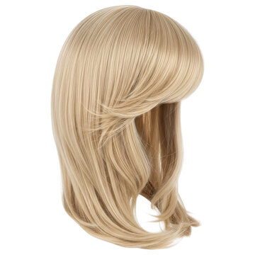 Blonde shoulder length wig with a long fringe hairstyle on transparent background