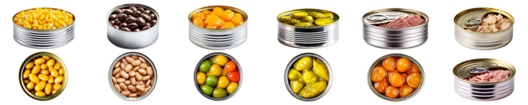 Assorted canned foods top view isolated on transparent background