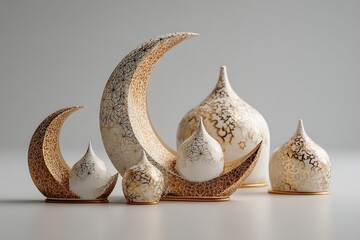 Elegant crescent moon and teardrop shaped ornaments in gold and white