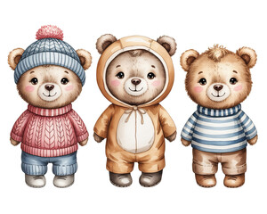 Three cute bears in winter clothes isolated on transparent background isolated on transparent background
