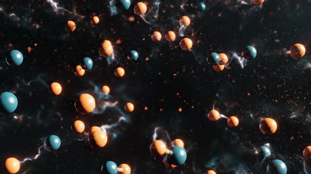 A complex orange and teal polyhedral molecular framework slowly disintegrates as the chemical bonds break apart and the individual atoms drift away into the void education, teal, apart