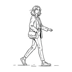 Fototapeta premium Woman walking in minimalist line art style with monochrome color in vector illustration for business