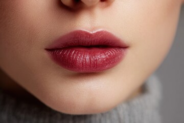 Fototapeta premium Young woman with stunning lips poses against a grey background showcasing her natural beauty and charm in a close-up shot