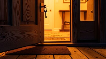 Open Front Door with Keys and Warm Interior Light, Welcome Home Concept
