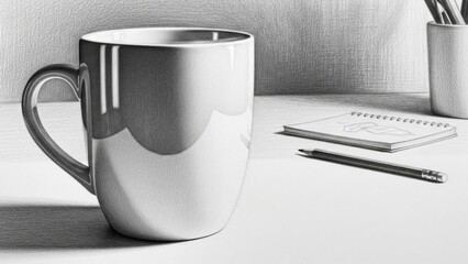 Pencil Drawing of a Coffee Mug, Sketchbook, and Pencil on a Table