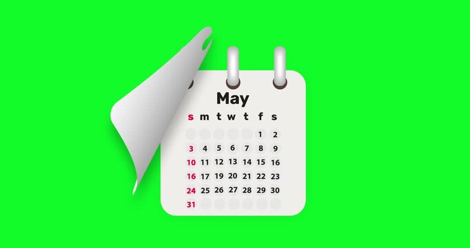 January to December calendar. An animated monthly calendar with page turns in trendy Cloud color. Close-up of flipped calendar page against green screen. Time concept.4k video graphic motion