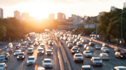 Obraz premium Golden sunset casts warm glow over bustling city traffic, creati