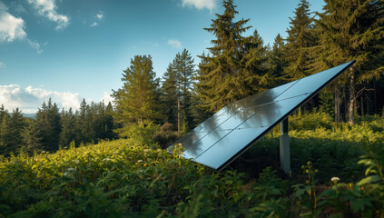 Solar panel array in sunlit forest clearing with lush green foliage and towering pine trees