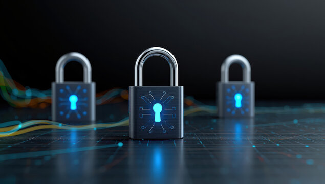 Secure digital padlock on circuit board with glowing keyhole conveying data protection and trust - Powered by Adobe
