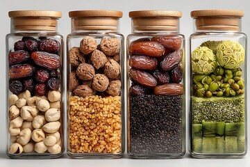 Variety of healthy snacks in glass jars with wooden lids on white background