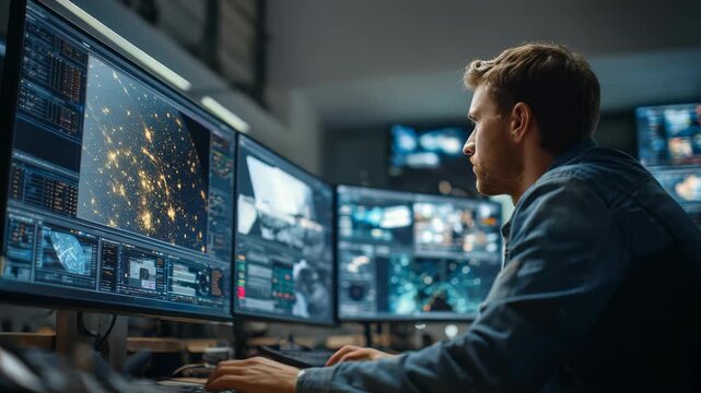 Focused male data analyst working late at night in a modern office, analyzing complex data visualizations on multiple computer monitors. High tech workspace with futuristic screens