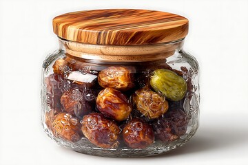 Glass jar filled with assorted dates and green olives on white background