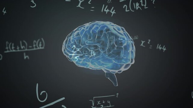 Animation of rotating brain and math formulas on black background