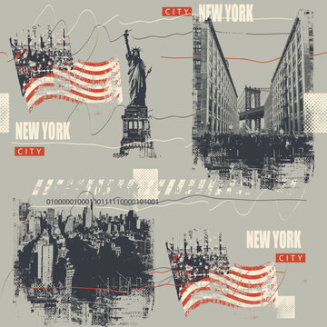 Vector banner with New York, Manhattan Bridge, Statue of Liberty, American flag, cityscape and buildings. USA illustration in grunge style. T-shirt design, tourist signboard, tourist postcard. Not AI