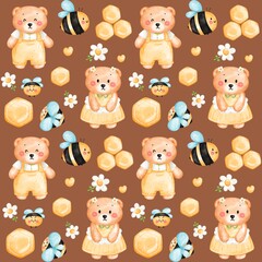 Fototapeta premium Honey Bee Daisy And Teddy Bear Pattern seamless 
