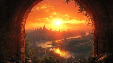 Fototapeta premium Medieval window frame overlooking a sunset city.