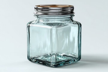 Empty clear glass jar with silver lid on white background