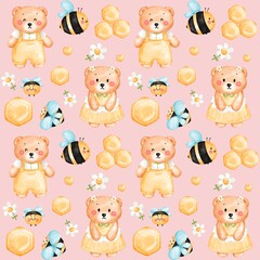 Fototapeta premium Honey Bee Daisy And Teddy Bear Pattern seamless 