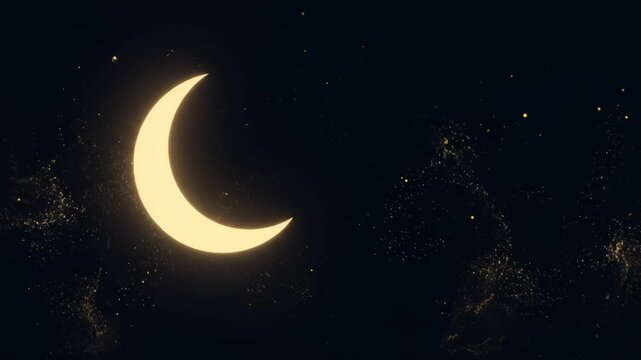 Golden crescent moon shining bright in the dark night sky with water splash