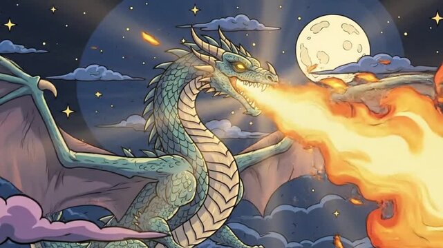 Dragon Fire Breath at Night Full Moon Fantasy Creature