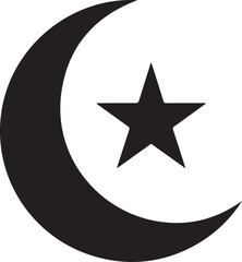 Black crescent moon and star symbol isolated on white background