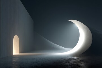 Ethereal crescent shaped light installation in dark room with doorway