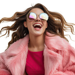 Happy woman in sunglasses and pink fur coat isolated on transparent background isolated on transparent background
