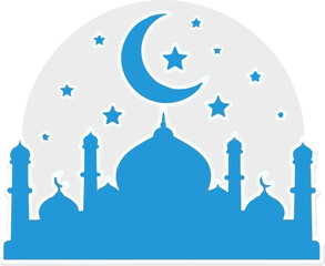 Blue mosque silhouette with crescent moon and stars under a grey arch