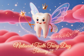 Whimsical National Tooth Fairy Day February TwentyEight smiling magical tooth with glitter wings crown and wand in dreamy pink clouds
