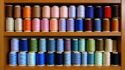 Display of colorful sewing threads on shelves arranged in rows at a crafting space in daylight
