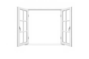 Open white window frame isolating an architectural element, providing a concept of opportunity, view, and choice for design