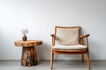 Fototapeta premium Wooden chair and table with rustic natural decor sit against a white wall.