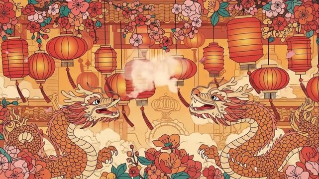 Festive Chinese New Year Background with Dragons Lanterns and Flowers