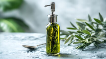 Elegant Olive Oil Bottle with Infused Sprigs and Spoon