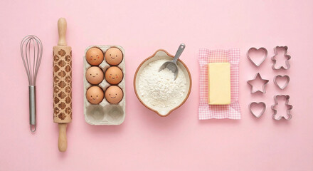 Baking tools and ingredients knolling on pink