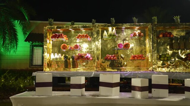 Elegant Wedding Venue Decor with Floral Arrangements and Ambient Lighting