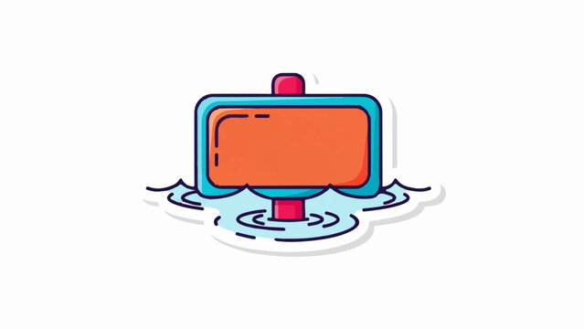 An empty signpost stands in stylized blue water with a pink pole