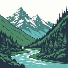 Snow capped mountains and blue river in forest landscape © rrr