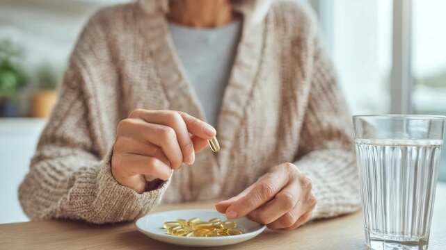 A person in a cozy sweater prepares to take a yellow capsule supplement from a plate filled with vitamins, sitting at a wooden table with a glass of water. Healthy lifestyle choices are emphasized